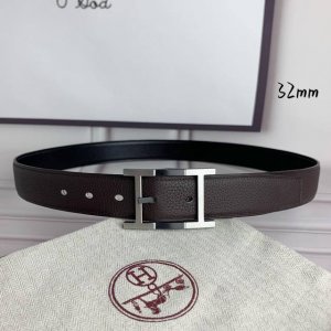 HermèS 爱马仕针扣 原单品质 头层牛皮 咖啡色荔枝纹搭配黑色平纹 32Mm宽 双面可用 配官网H黑间银扣