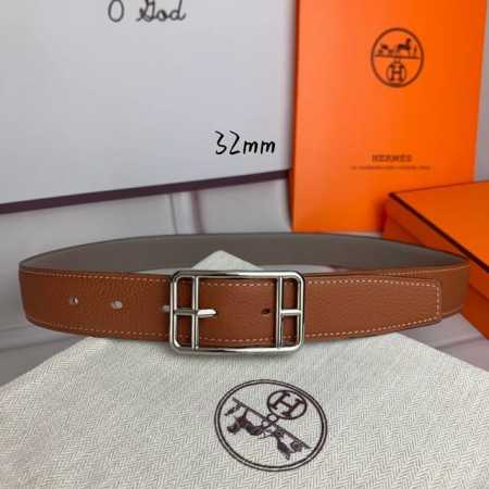 HermèS 爱马仕针扣皮带 原单品质 双面荔枝纹 土黄+灰 32Mm宽 双面可用 配官网经典方形亮金 亮银 亚枪扣 - 点击图像关闭