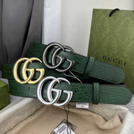 古奇，宽4.0Cm，新款 春夏系列，品牌标志性的双G标识经重新诠释后，以光彩夺目的金色调呈现在这款男士绿色鳄鱼纹腰 - 点击图像关闭