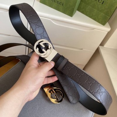 特 Gucci -古驰 宽： 3.7Cm 意大利原厂压花皮 黑咖双面可用 精品纯铜旋转扣 。
