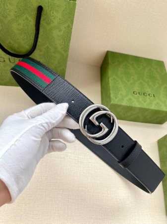 宽度4.0Cm Gucci 经典帆布织带腰带 配以织纹皮质滚边和双G原单钢扣 绿色 红色 绿色棉质帆布编织腰带 配以黑色头层牛皮 - 点击图像关闭