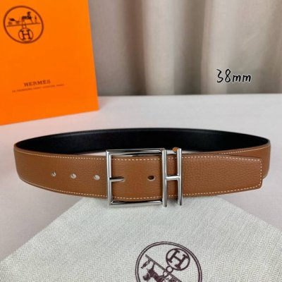 HermèS 爱马仕针扣 原单品质 进口头层牛皮 土黄色荔枝纹搭配黑色平纹 38Mm宽 双面可用 配官网H亮银 亮金扣