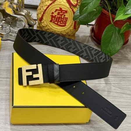 Fendi 芬迪 专柜同款 宽4.0Cm 双环正反用腰带 Ff按钉搭扣 双色Cuoio Romano皮革材质 反面面料带有烟草黄和黑色Ff图案 黑色珐琅金属饰面 - 点击图像关闭