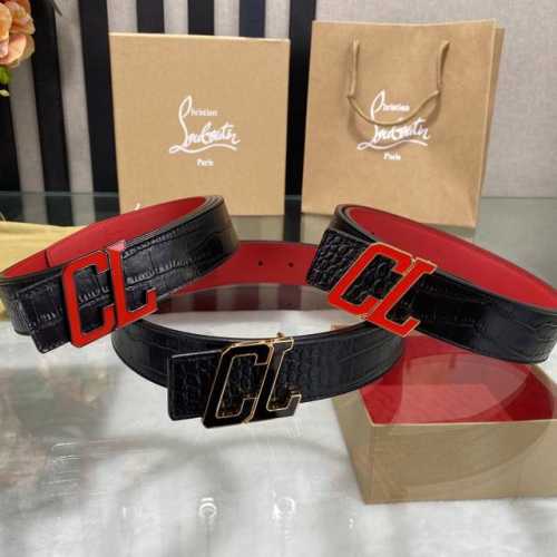 特 3.5宽christian Louboutin 男士ricky标志性徽标搭扣黑色腰带红色底，双面牛皮。