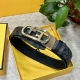 Fendi 芬迪 专柜同款 宽35Mm 双环正反用腰带 Ff按钉搭扣 黑色Cuoio Romano皮革材质 反面面料带有烟草黄和棕色Ff图案 针扣金属饰面 时尚