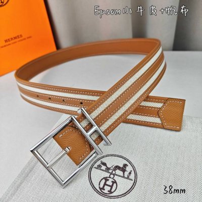 HermèS 爱马仕 新款针扣皮带 原单品质 原版Epsom小牛皮搭配帆布材质 土黄色 38Mm宽 配官网亮金 亮银扣 可翻转五金两面可用