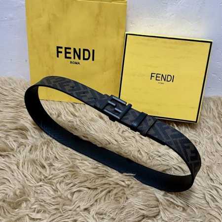 Fendi 芬迪 全套包装 专柜同款 宽4.0Cm 双环正反用腰带 Ff按钉搭扣 黑色Cuoio Romano皮革材质 反面面料带有烟草黄和黑色Ff图案 四方金 - 点击图像关闭