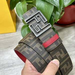图片包装＋10 Fendi 芬迪 专柜同款 宽4.0Cm 双环正反用腰带 Ff按钉搭扣 红色Cuoio Romano皮革材质 反面面料带有烟草黄和黑色Ff图案
