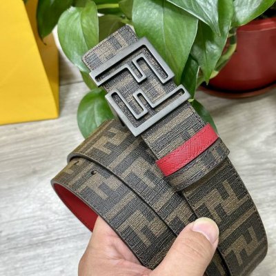 图片包装＋10 Fendi 芬迪 专柜同款 宽4.0Cm 双环正反用腰带 Ff按钉搭扣 红色Cuoio Romano皮革材质 反面面料带有烟草黄和黑色Ff图案