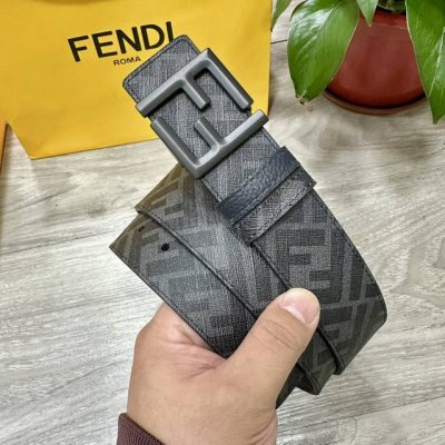 图片包装＋10 Fendi 芬迪 专柜同款 宽4.0Cm 双环正反用腰带 Ff按钉搭扣 深兰色Cuoio Romano皮革材质 反面面料带有烟草黄和黑色Ff图案