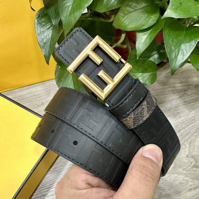 图片包装＋10 Fendi 芬迪 专柜同款 宽3.0Cm 双环正反用腰带 Ff按钉搭扣 黑色Cuoio Romano皮革材质 反面面料带有烟草灰和黑色Ff图案