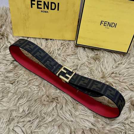 Fendi 芬迪 全套包装 专柜同款 宽4.0Cm 双环正反用腰带 Ff按钉搭扣 黑色Cuoio Romano皮革材质 反面面料带有烟草黄和黑色Ff图案 四方金 - 点击图像关闭
