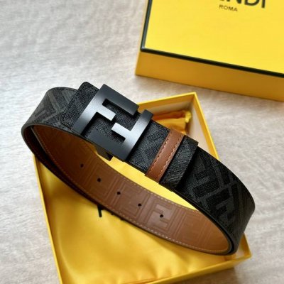 Fendi 芬迪 专柜同款 宽4.0Cm 双环正反用腰带 Ff按钉搭扣 土黄Cuoio Romano皮革材质 反面面料带有烟草黄和黑色Ff图案 四方金属饰面 时