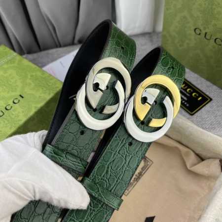 古奇，宽4.0Cm，新款 春夏系列，品牌标志性的双G标识经重新诠释后，以光彩夺目的金色调呈现在这款男士绿色鳄鱼纹腰 - 点击图像关闭