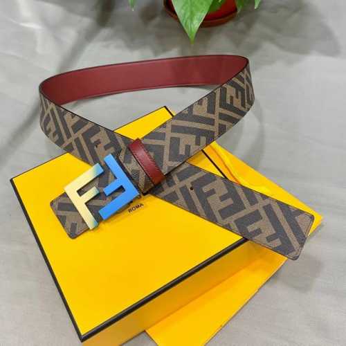 fendi 芬迪 专柜同款 宽4.0Cm 双环正反用腰带 Ff按钉搭扣 酒红色Cuoio Romano皮革材质 反面面料带有烟草黄和黑色Ff图案 黑色珐琅金属饰