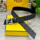 特 片装1 Fendi 芬迪 专柜同款 宽4.0Cm 双环正反用腰带 Ff按钉搭扣 双色Cuoio Romano皮革材质 反面面料带有烟草黄和黑色Ff图案 黑色