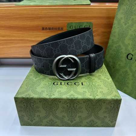 特 Guuccci 新款上市，尺寸：4.0Cm，带身釆用防水面料彩印黑色大G标志与黑色野猪纹真皮完美搭配，全新Gg互扣式铜金属扣头，高端品 - 点击图像关闭