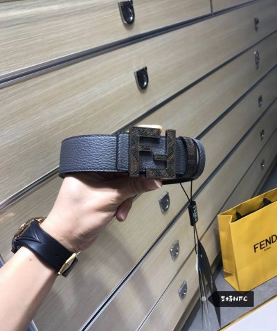 配送专柜包装 打孔针 特 新款 Fd 宽38Mm 支持Nfc 芯片扫描，标志造型宽皮带，原版印花铆钉扣，进口原版灰色荔枝纹牛皮配原版老花制成，镀金表面金属制品，