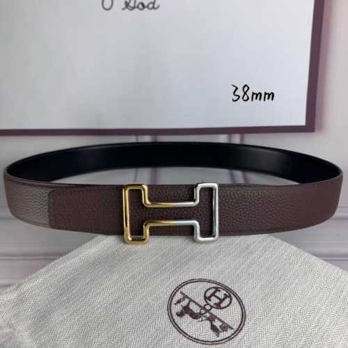 HermèS爱马仕 双头尖 双面原版 原单品质 进口头层牛皮 咖啡色荔枝纹搭配黑色平纹 寸半38Mm 配官网H 金银间色纯钢扣