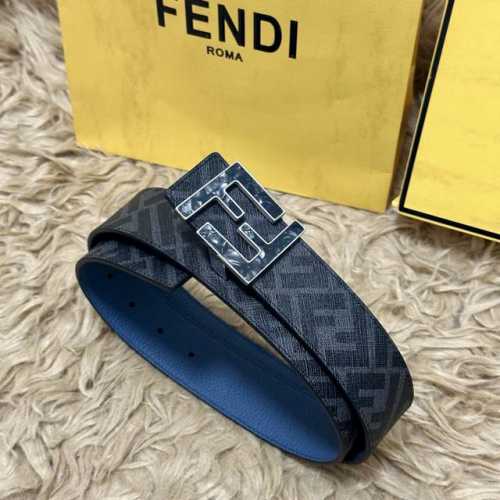 图片包装＋10 Fendi 芬迪 专柜同款 宽4.0Cm 双环正反用腰带 Ff按钉搭扣 浅兰色Cuoio Romano皮革材质 反面面料带有烟草黄和黑色Ff图案