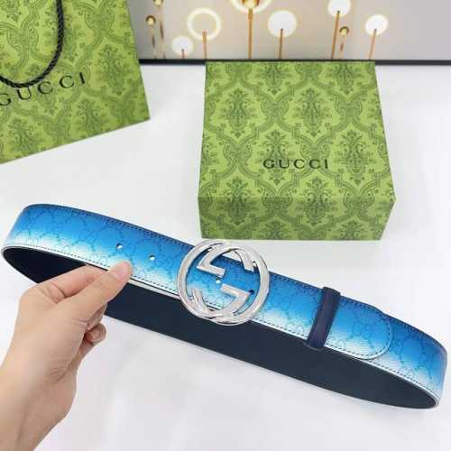 Gucci 古驰 4.0Cm 官网蓝色渐变效果印花，新款双G腰带，渐变印花搭配双G搭扣