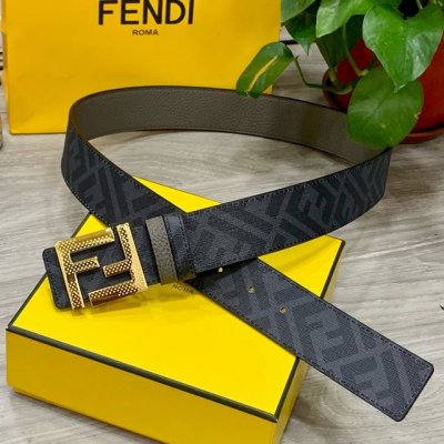 Fendi芬迪专柜同款 宽4.0Cm 双环正反用腰带 Ff按钉搭扣 灰色Cuoio Romano皮革材质 反面面料带有烟草灰和黑色Ff图案 黑色珐琅金属饰面 时
