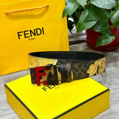 fendi 芬迪 专柜同款 宽4.0Cm 双环正反用腰带 Ff按钉搭扣 黑色Cuoio Romano皮革材质 反面面料带有烟草黄和黑色Ff图案 四方满钻金属饰面