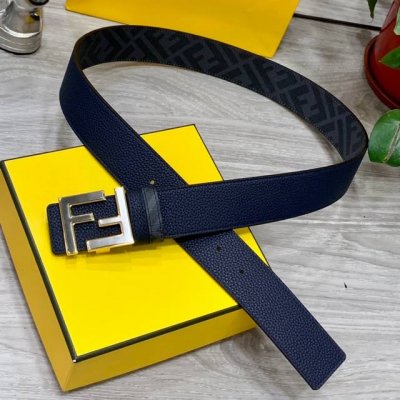 Fendi 芬迪 专柜同款 宽4.0Cm 双环正反用腰带 Ff按钉搭扣 兰色cuoio Romano皮革材质 反面面料带有烟草黄和黑色ff图案 黑色珐琅金属饰面