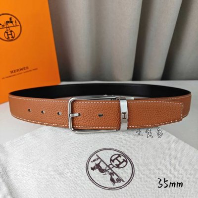 HermèS 爱马仕针扣皮带 原单品质 进口头层牛皮 土黄色荔枝纹面搭配黑色平纹底 35Mm宽 配官网亮银 亮金扣