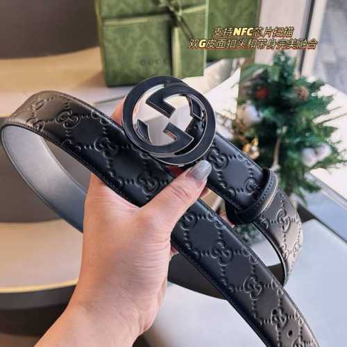 支持Nfc芯片扫描 品牌 :古奇 :配带全套原版包装 材质 : 进口牛皮搭配头层牛皮底，搭配18K钢扣 颜色 黑色， 规格 :3.8Cm 卖点 :皇家御用经典款