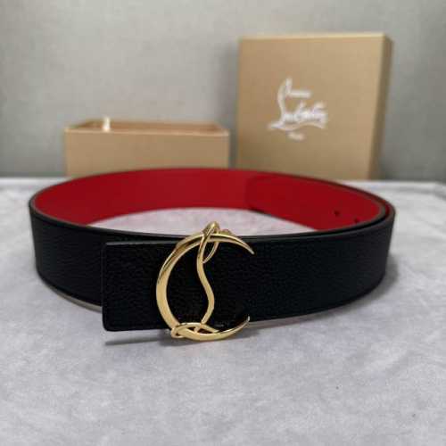 配包装盒3.8宽Christian Louboutin 男士Ricky标志性徽标搭扣黑色腰带红色底 双面牛皮