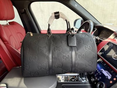 高端货 新款 “ Gucci ”古奇旅行袋 酷奇斜挎旅行袋 古驰手提旅行包 Keepall 50 老花压印可拆卸可调节肩带 皮革 旅行袋旅行包 男款 黑色 牛皮