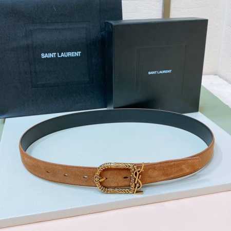 Saint Laurent 23圣罗兰女士腰带皮带 Cassandre仿鹿绒 原厂精密电渡扣头，意大利原厂皮，宽3.0代购级。 - 点击图像关闭