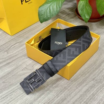 Fendi 芬迪 专柜同款 宽4.0Cm 双环正反用腰带 Ff按钉搭扣 黑色cuoio Romano皮革材质 反面面料带有烟草灰和黑色ff图案 黑色珐琅金属饰面