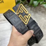 图片包装＋10 Fendi 芬迪 专柜同款 宽4.0Cm 双环正反用腰带 Ff按钉搭扣 黑色Cuoio Romano皮革材质 反面面料带有烟草黄和黑色Ff图案