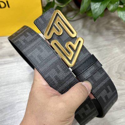 图片包装＋10 Fendi 芬迪 专柜同款 宽4.0Cm 双环正反用腰带 Ff按钉搭扣 黑色Cuoio Romano皮革材质 反面面料带有烟草黄和黑色Ff图案