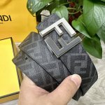 图片包装＋10 Fendi 芬迪 专柜同款 宽4.0Cm 双环正反用腰带 Ff按钉搭扣 灰色Cuoio Romano皮革材质 反面面料带有烟草黄和黑色Ff图案