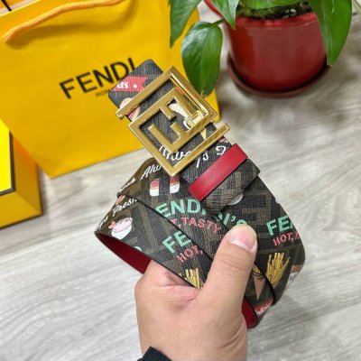 fendi 芬迪 专柜同款 宽4.0Cm 双环正反两面用腰带 Ff按钉搭扣 红色Cuoio Romano皮革材质 反面棕色Ff帆布 饰有拼色Fendilicio