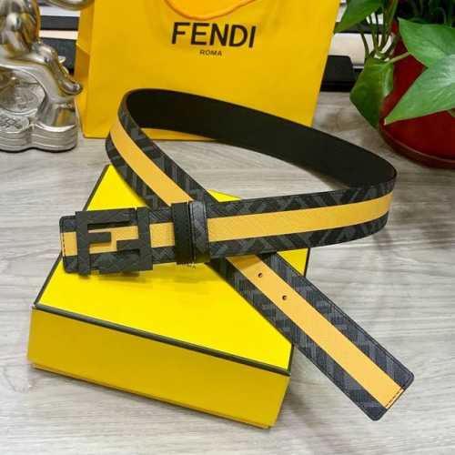 Fendi 芬迪 专柜同款 宽4.0Cm 双环正反用腰带 Ff按钉搭扣 黑色cuoio Romano皮革材质 反面面料带有烟草黄和黑色ff图案 四方满钻金属饰面