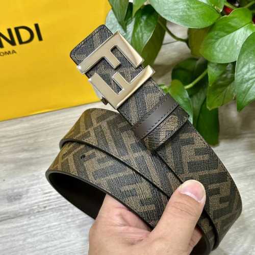 图片包装＋10 Fendi 芬迪 专柜同款 宽3.5Cm 双环正反用腰带 Ff按钉搭扣 咖啡色Cuoio Romano皮革材质 反面面料带有烟草黄和黑色Ff图案