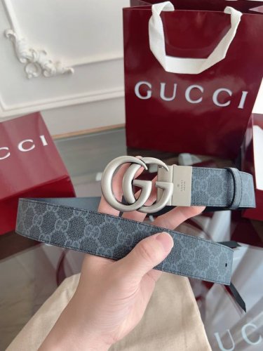 Gucci 627055 Facjt 珠黑色Supreme pvc黑老花 黑猪皮纹底 宽度3.7Cm 复古Gg旋转扣[原单精品扣] 双面可用 可裁剪