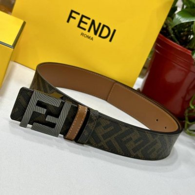Fendi 芬迪 专柜同款 宽4.0Cm 双环正反用腰带 Ff按钉搭扣 土黄Cuoio Romano皮革材质 反面面料带有烟草黄和黑色Ff图案 四方金属饰面 时