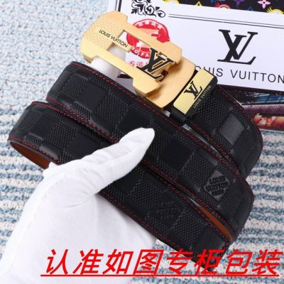 男士腰带：Lv 路易斯登 原单 自动带 男士皮带：百分百头层牛皮，保证真皮。24K纯钢扣双面可用专柜同等质量， 送人自用首选包装： 请认准如图专柜包装，赠送打孔