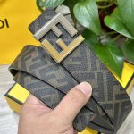 图片包装 Fendi 芬迪 专柜同款 宽4.0Cm 双环正反用腰带 Ff按钉搭扣 灰色Cuoio Romano皮革材质 反面面料带有烟草黄和黑色Ff图案 四方金