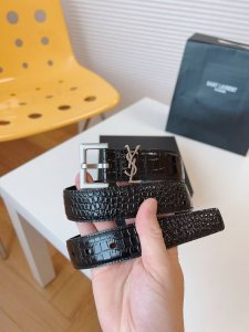 Ysl鳄鱼纹顶级小牛皮软腰带 3.0Cm方形针铜扣Cassandre 标识腰带环