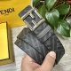 图片包装＋10 Fendi 芬迪 专柜同款 宽4.0Cm 双环正反用腰带 Ff按钉搭扣 灰色Cuoio Romano皮革材质 反面面料带有烟草黄和黑色Ff图案