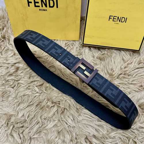 Fendi 芬迪 全套包装 专柜同款 宽4.0Cm 双环正反用腰带 Ff按钉搭扣 黑色Cuoio Romano皮革材质 反面面料带有烟草黄和黑色Ff图案 四方金