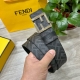 Fendi 芬迪 专柜同款 宽4.0Cm 双环正反用腰带 Ff按钉搭扣 黑色Cuoio Romano皮革材质 反面面料带有烟草黄和黑色Ff图案 四方金属饰面 时