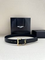 特 宽度3.0Cm Saint Laurent圣罗兰Ysl Monogram爆款粒面皮带搭配方扣窄腰带黑色女款