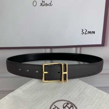 HermèS 爱马仕针扣 原单品质 头层牛皮 咖啡荔枝纹搭配黑色平纹 32Mm宽 双面可用 配官网H亮金 亮银 哑黑扣 - 点击图像关闭